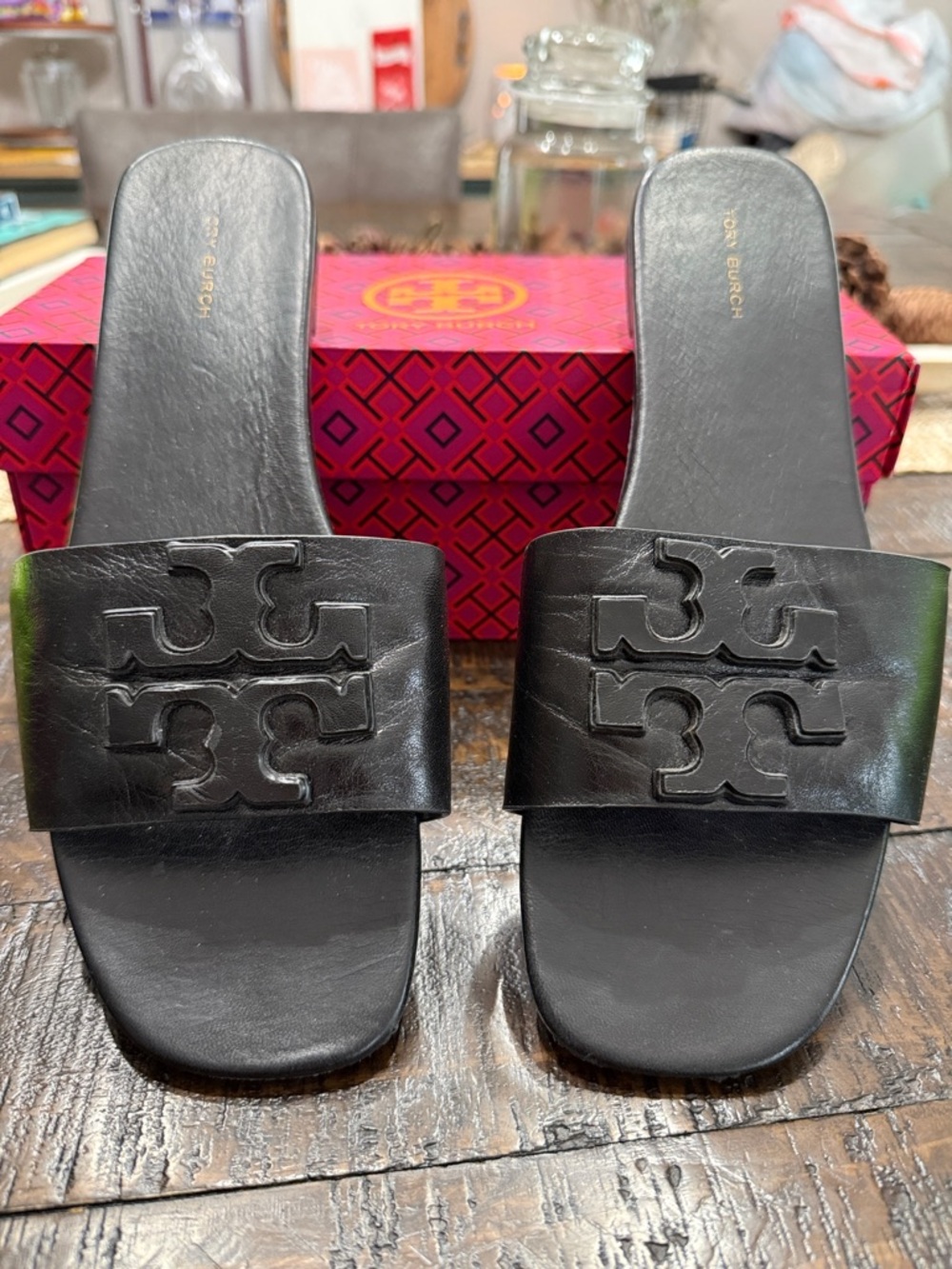 Tory Burch Black Leather Logo Slide Sandals with Embossed Double-T
